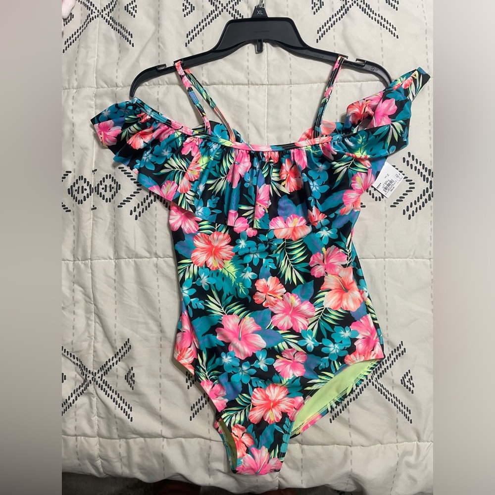 SO girls floral multi color one piece bathing suit new with tag size 14